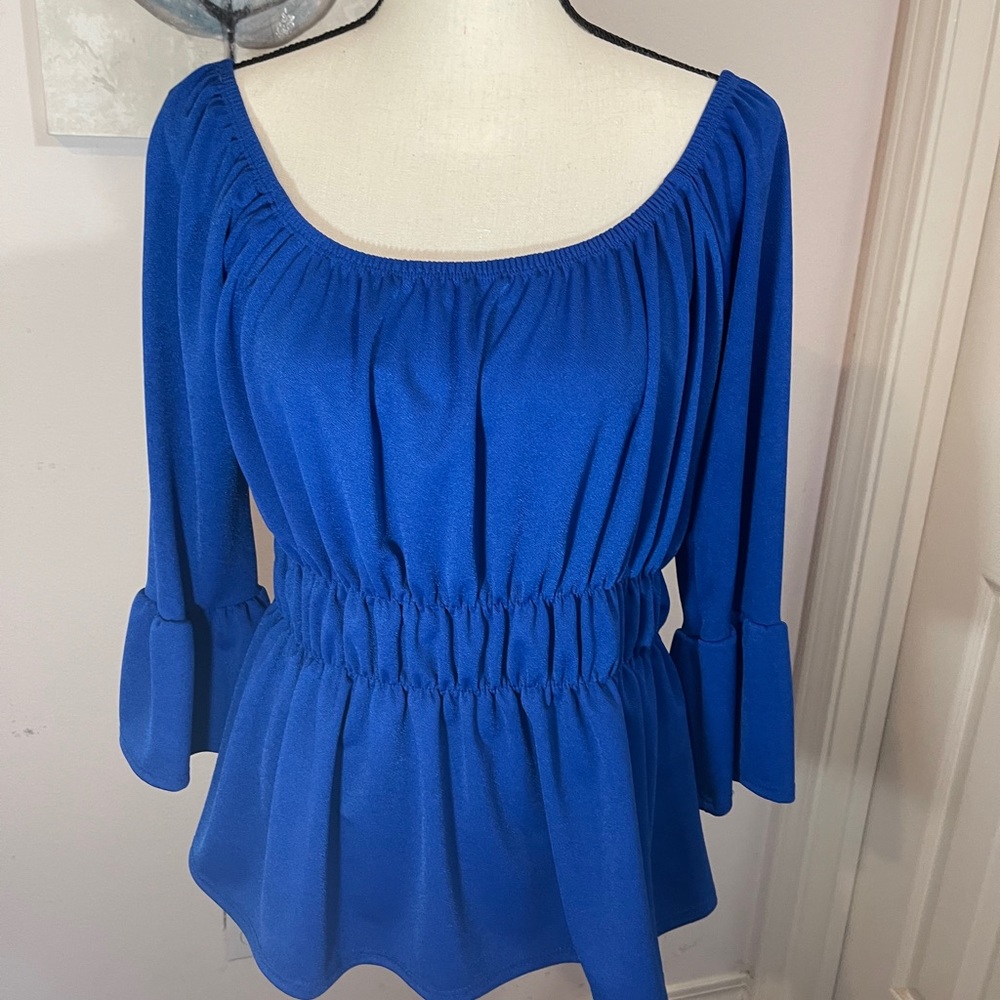 Royal blue knit easy care long sleeve blouse